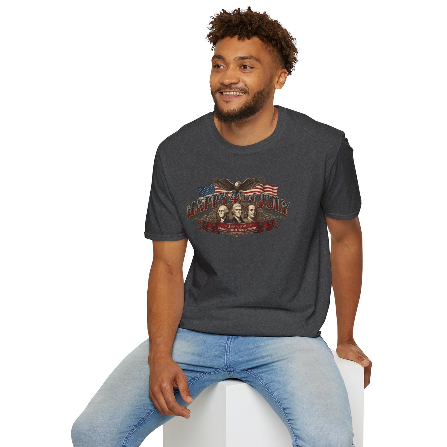 4th of July T-Shirt — "Happy 4th of July" Vintage Patriotic Tee featuring Founding Fathers & Eagle