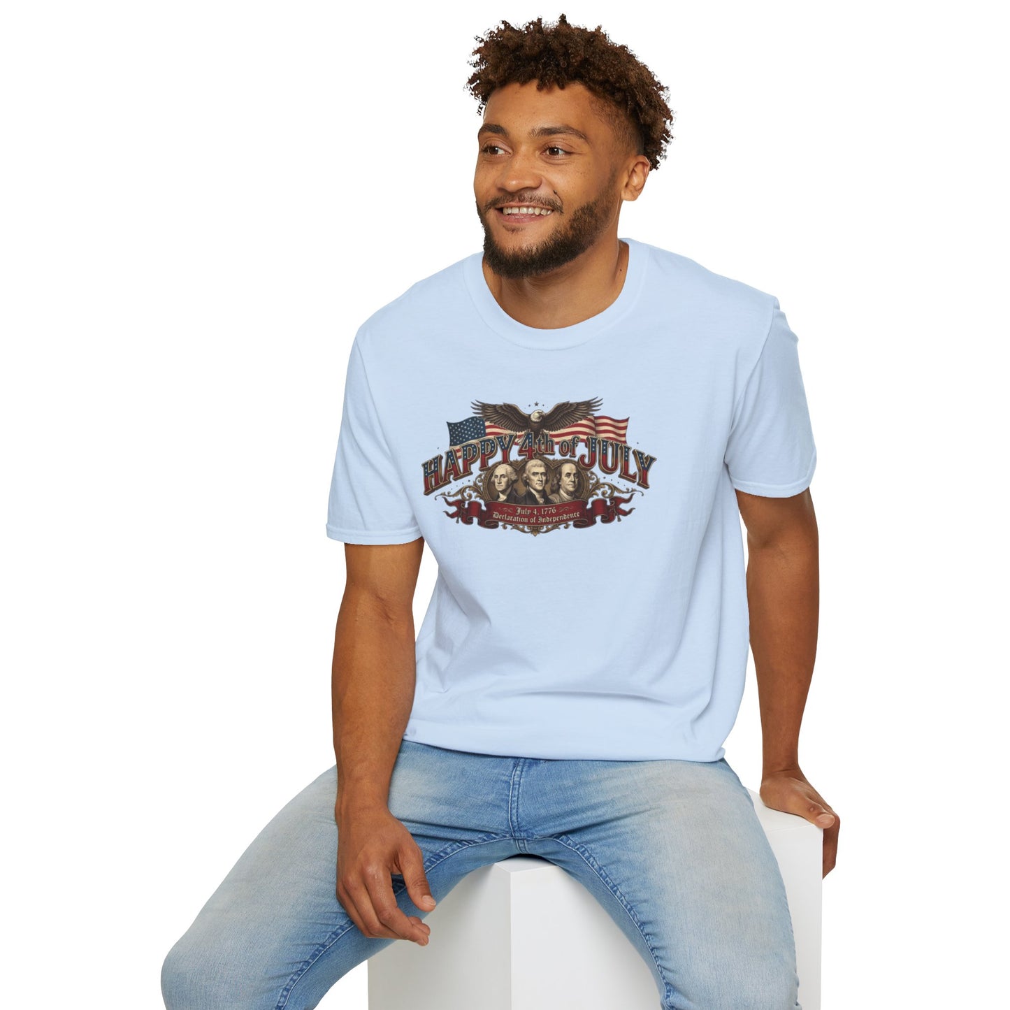 4th of July T-Shirt — "Happy 4th of July" Vintage Patriotic Tee featuring Founding Fathers & Eagle