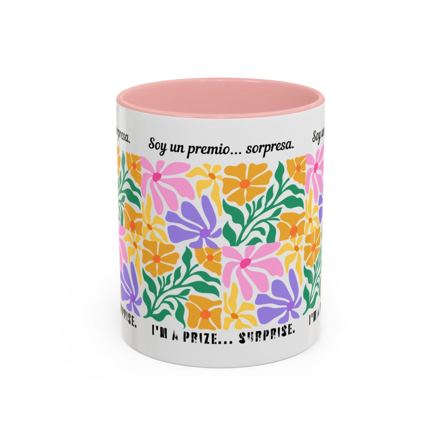 Floral "Soy un premio... sorpresa" Accent Coffee Mug — Colorful Spanish Quote 11/15oz