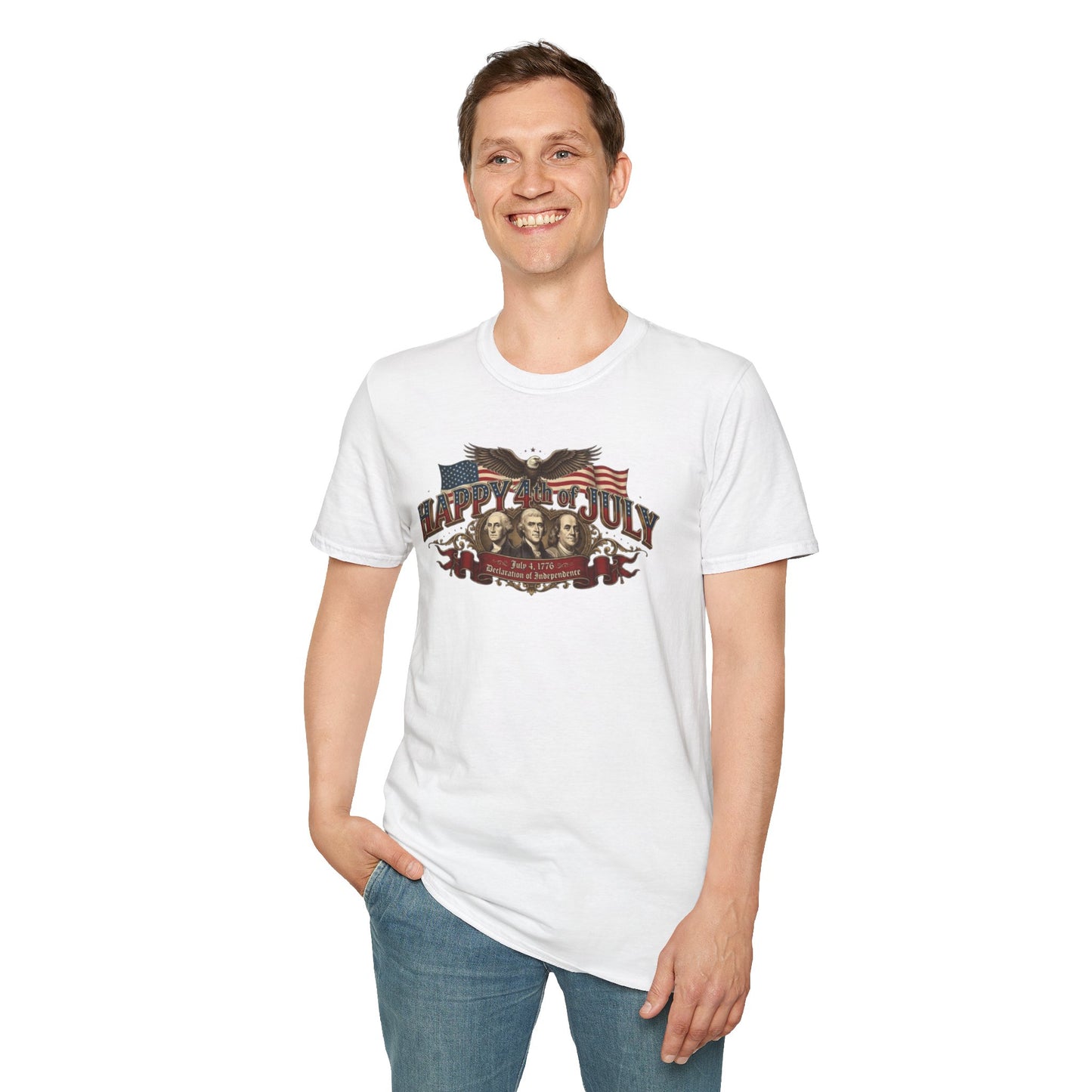 4th of July T-Shirt — "Happy 4th of July" Vintage Patriotic Tee featuring Founding Fathers & Eagle