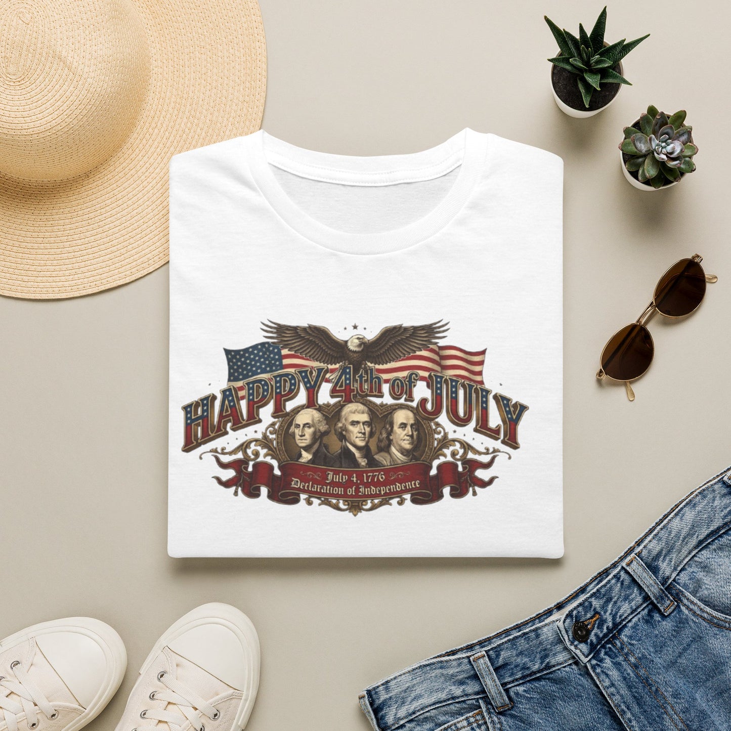 4th of July T-Shirt — "Happy 4th of July" Vintage Patriotic Tee featuring Founding Fathers & Eagle