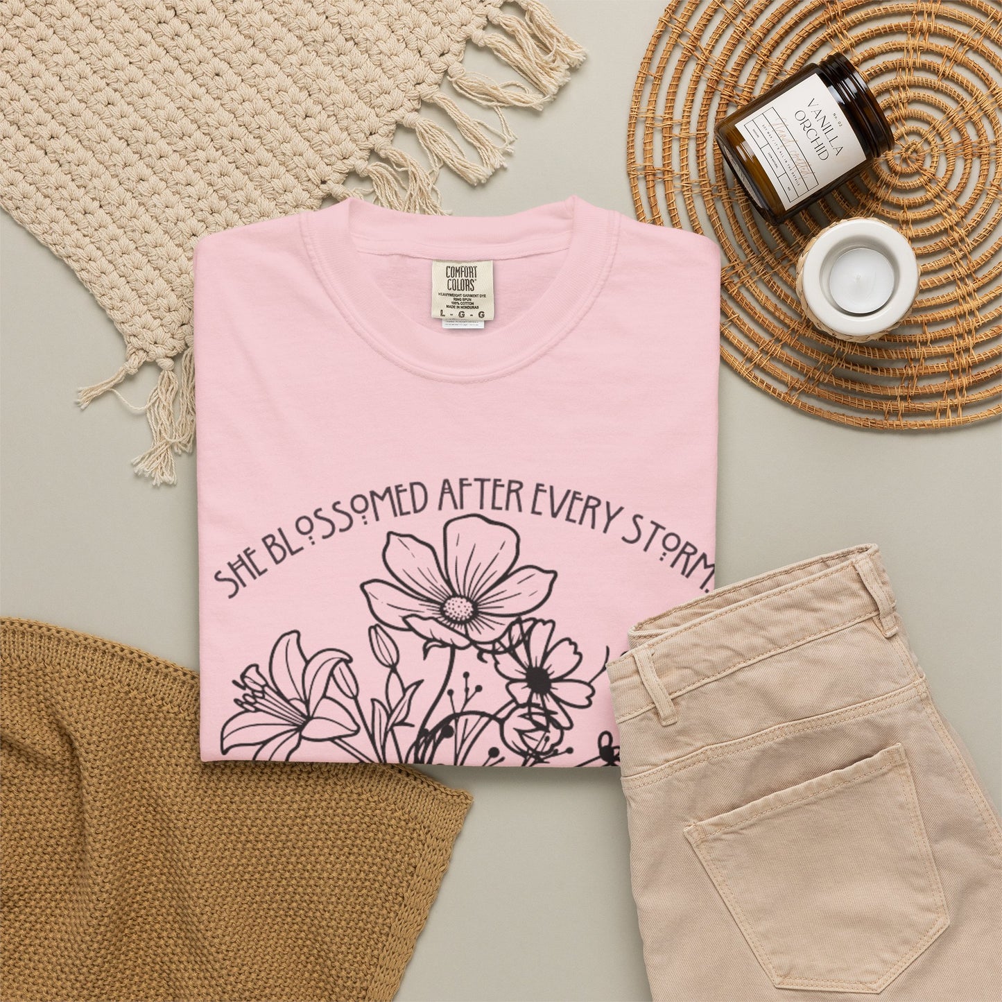 T-Shirt — 'She Blossomed After Every Storm' Floral Bouquet Tee with Blue Ribbon