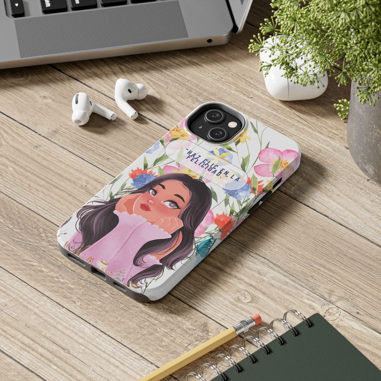 Floral Girl Phone Case — "Haz clic en la felicidad" Tough Protective Case