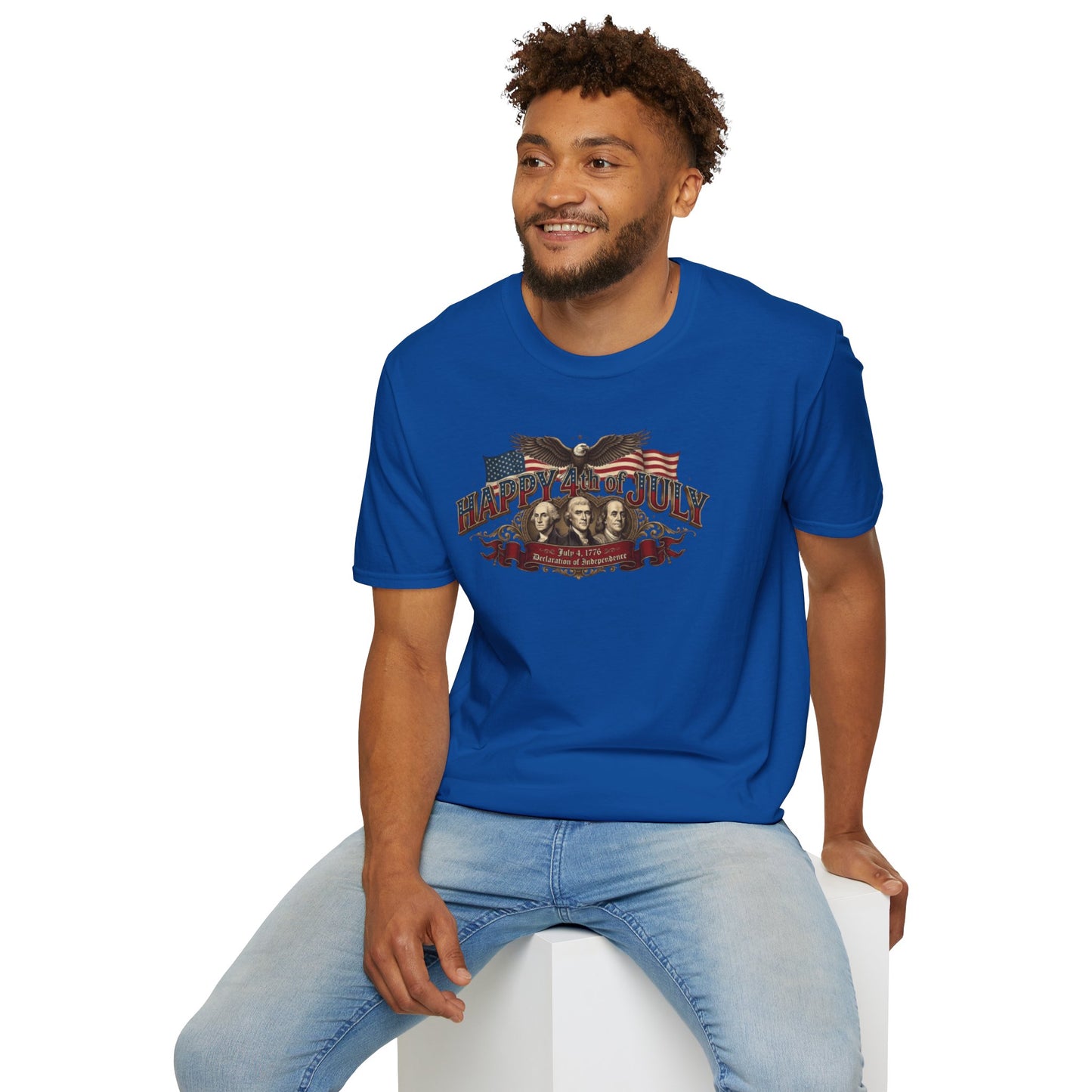 4th of July T-Shirt — "Happy 4th of July" Vintage Patriotic Tee featuring Founding Fathers & Eagle