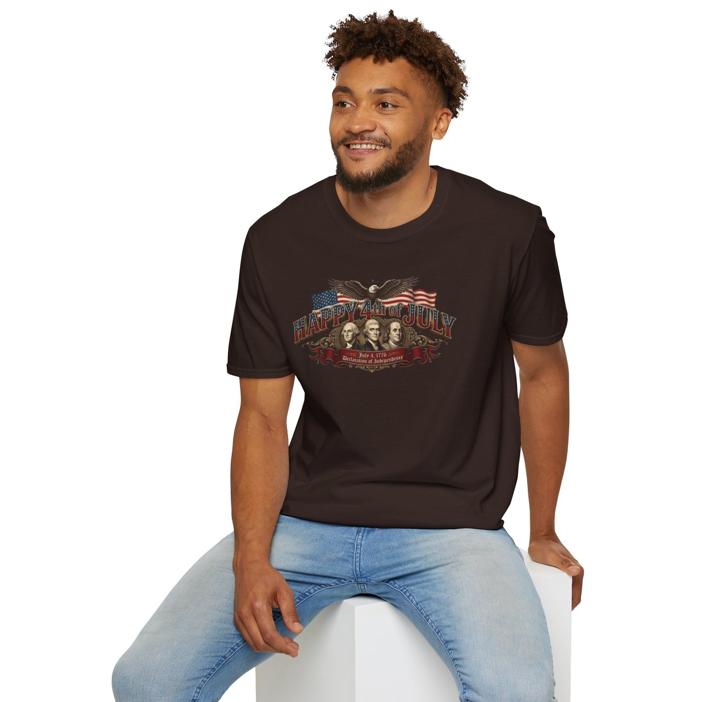 4th of July T-Shirt — "Happy 4th of July" Vintage Patriotic Tee featuring Founding Fathers & Eagle