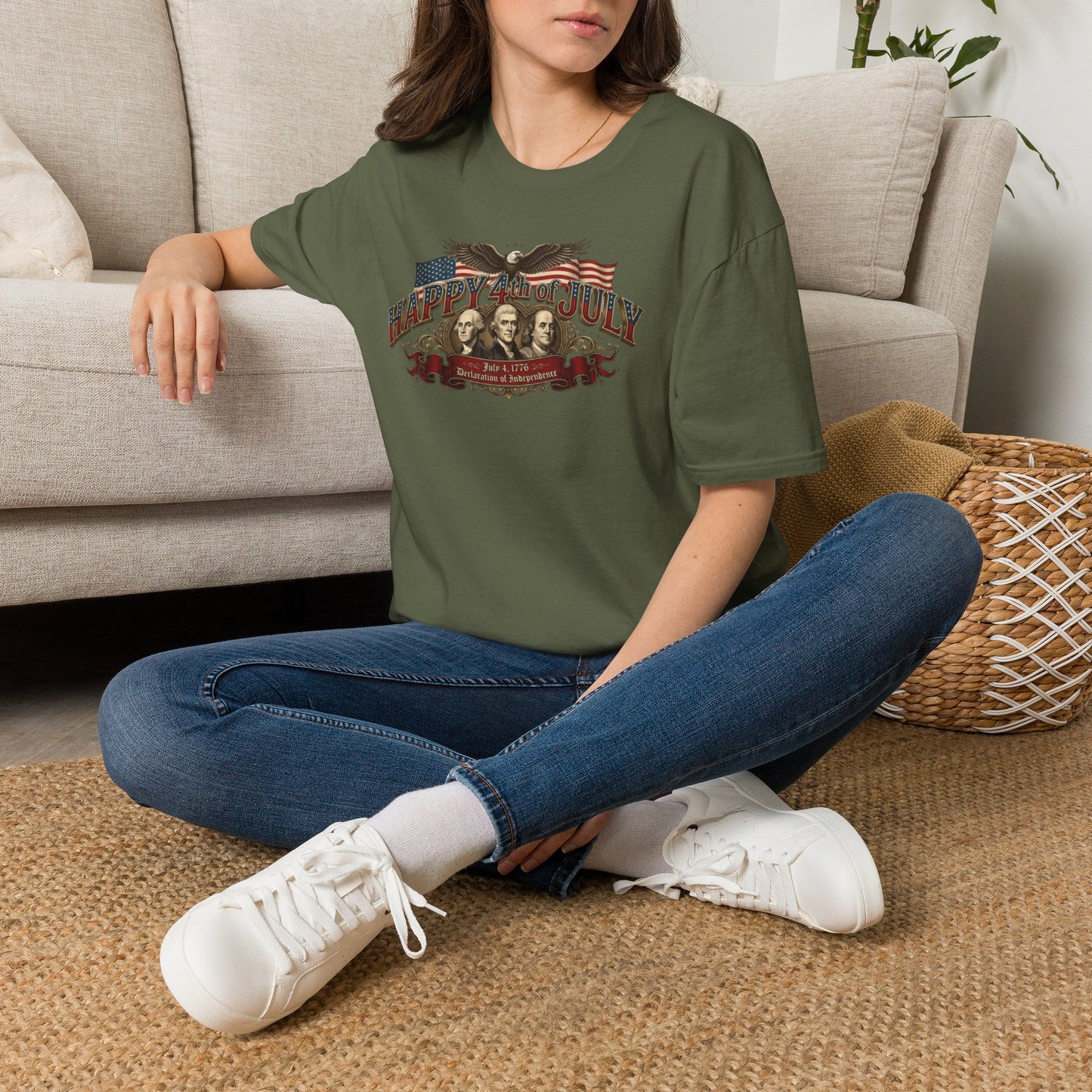 4th of July T-Shirt — "Happy 4th of July" Vintage Patriotic Tee featuring Founding Fathers & Eagle