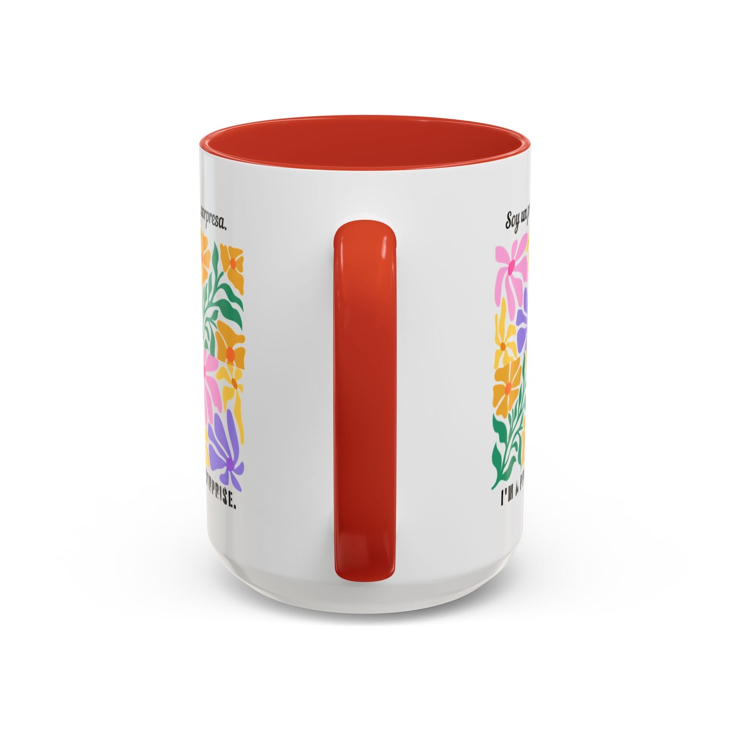 Floral "Soy un premio... sorpresa" Accent Coffee Mug — Colorful Spanish Quote 11/15oz