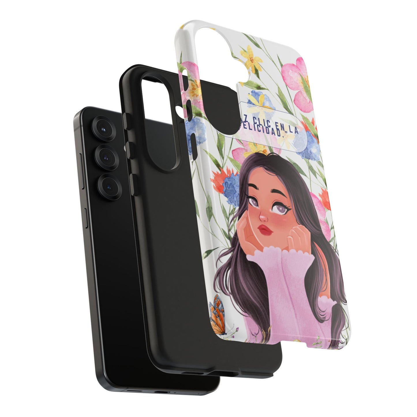 Floral Girl Phone Case — "Haz clic en la felicidad" Tough Protective Case